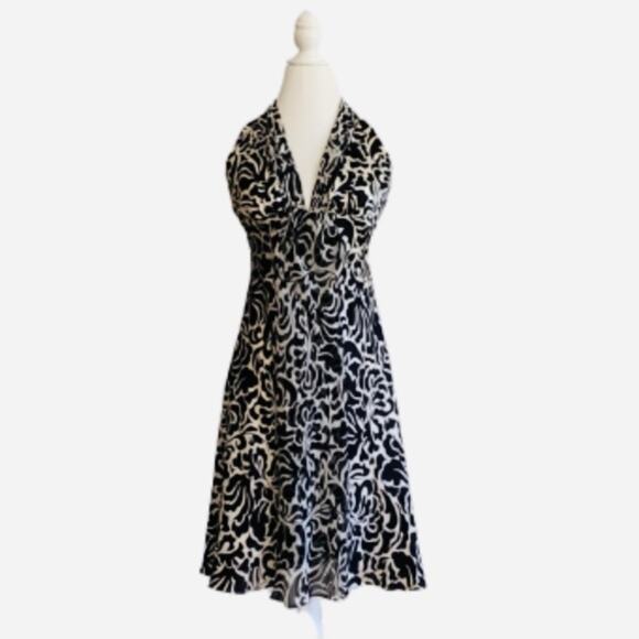WHBM Halter Dress Black Cream Floral Sleeveless Silk Flowy Halter Dress Size 4 - Picture 15 of 15